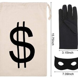 3 Pieces Robber Costume, Canvas Dollar Sign Bags Eye Mask Gloves for Halloween